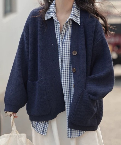 はむたろう様 カーディガン 紺 ブランケットステッチカーディガン（55-41KI03-204）｜パープル