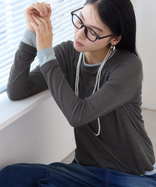 VIS（ビス）の「配色レイヤードシアーロンT（Tシャツ/カットソー・レディース・グレー/オフホワイト/ピンク・FREE）」の3枚目の写真