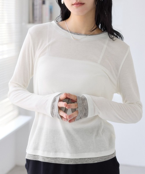 VIS（ビス）の「配色レイヤードシアーロンT（Tシャツ/カットソー・レディース・グレー/オフホワイト/ピンク・FREE）」の2枚目の写真