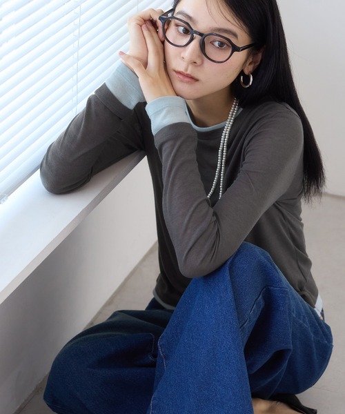 VIS（ビス）の「配色レイヤードシアーロンT（Tシャツ/カットソー・レディース・グレー/オフホワイト/ピンク・FREE）」の5枚目の写真