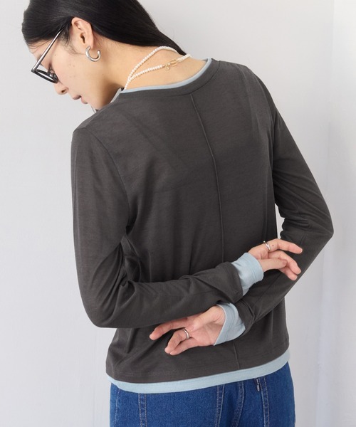 VIS（ビス）の「配色レイヤードシアーロンT（Tシャツ/カットソー・レディース・グレー/オフホワイト/ピンク・FREE）」の6枚目の写真