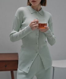 line crochet polo knit cardigan