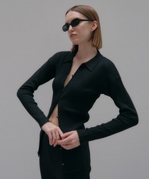 line crochet polo knit cardigan
