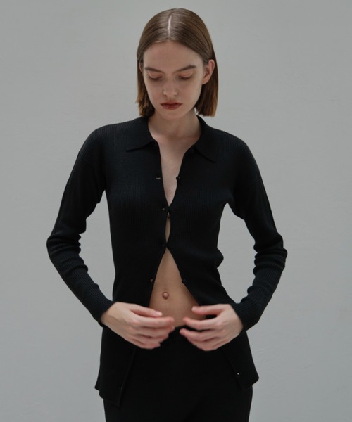 MAISON ELLIE(メゾンエリー)の「line crochet polo knit cardigan(カーディガン/ボレロ・レディース・ミント/ブラック/アイボリー・FREE)」の6枚目の写真