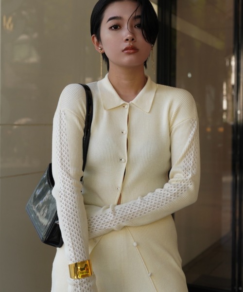 MAISON ELLIE(メゾンエリー)の「line crochet polo knit cardigan(カーディガン/ボレロ・レディース・ミント/ブラック/アイボリー・FREE)」の18枚目の写真