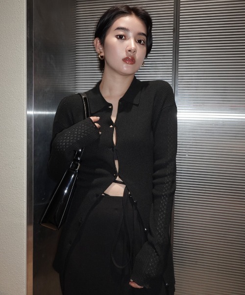 MAISON ELLIE(メゾンエリー)の「line crochet polo knit cardigan(カーディガン/ボレロ・レディース・ミント/ブラック/アイボリー・FREE)」の19枚目の写真