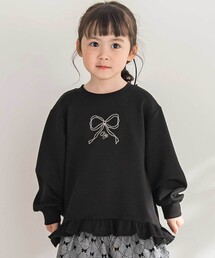 BeBe Petits Pois Vert（ベベプチポワヴェール）の「【店舗限定】ポンチ裾フリルリボン刺しゅうトレーナー(95~150㎝)（スウェット・キッズ）」