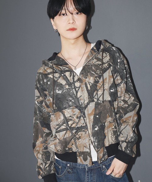 短丈ダブルジップアクティブジャケット/カモフラージュ/リアルツリー