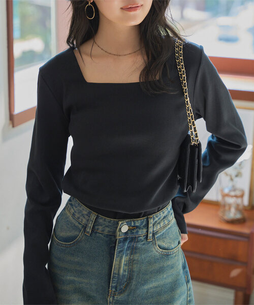 セール】[ M L XL 選べるタイプ ] 深開きスクエア Uネック 長袖Tシャツ