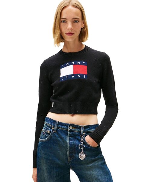 トミージーンズ　ニット・セーター　デカロゴ　星条旗　ネイビー　ゆるダボ　XL TOMMY JEANS｜トミー ジーンズのニット/セーター（前面プリント）通販