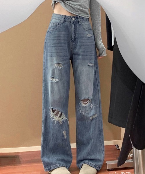 Miniministore(ミニミニストア)の「ダメージデニムパンツ ワイドレッグデニム(デニムパンツ・レディース・ダークブルー・S/XL/L/M)」の2枚目の写真