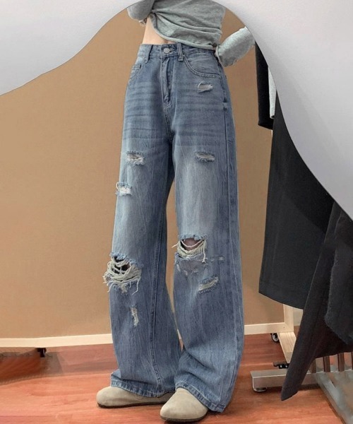 Miniministore(ミニミニストア)の「ダメージデニムパンツ ワイドレッグデニム(デニムパンツ・レディース・ダークブルー・S/XL/L/M)」の3枚目の写真