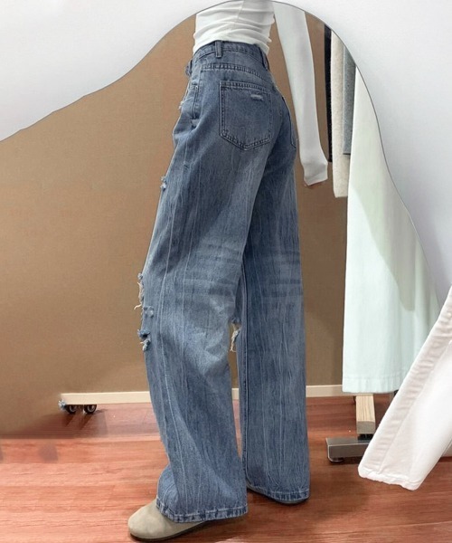 Miniministore(ミニミニストア)の「ダメージデニムパンツ ワイドレッグデニム(デニムパンツ・レディース・ダークブルー・S/XL/L/M)」の4枚目の写真