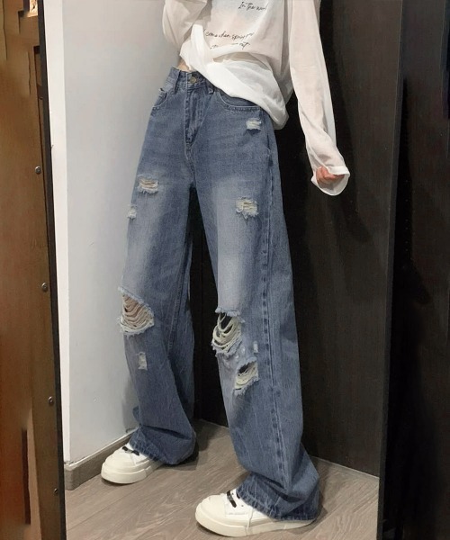 Miniministore(ミニミニストア)の「ダメージデニムパンツ ワイドレッグデニム(デニムパンツ・レディース・ダークブルー・S/XL/L/M)」の5枚目の写真