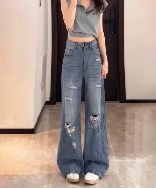 Miniministore(ミニミニストア)の「ダメージデニムパンツ ワイドレッグデニム(デニムパンツ・レディース・ダークブルー・S/XL/L/M)」の8枚目の写真