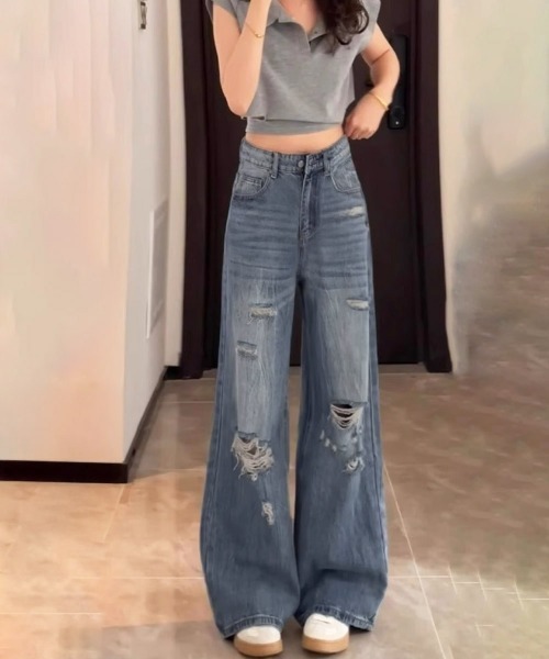 Miniministore(ミニミニストア)の「ダメージデニムパンツ ワイドレッグデニム(デニムパンツ・レディース・ダークブルー・S/XL/L/M)」の11枚目の写真