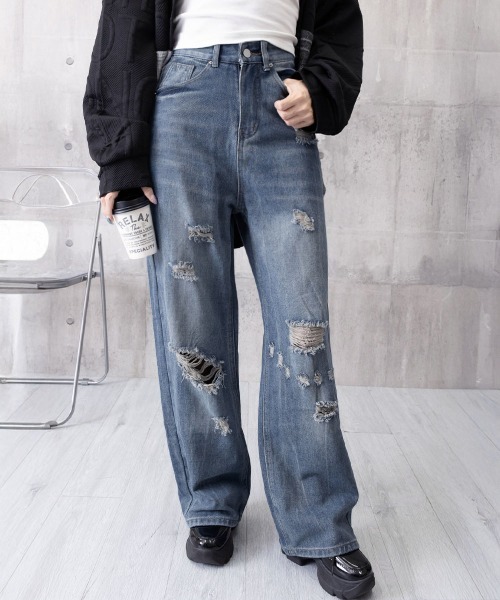 Miniministore(ミニミニストア)の「ダメージデニムパンツ ワイドレッグデニム(デニムパンツ・レディース・ダークブルー・S/XL/L/M)」の16枚目の写真
