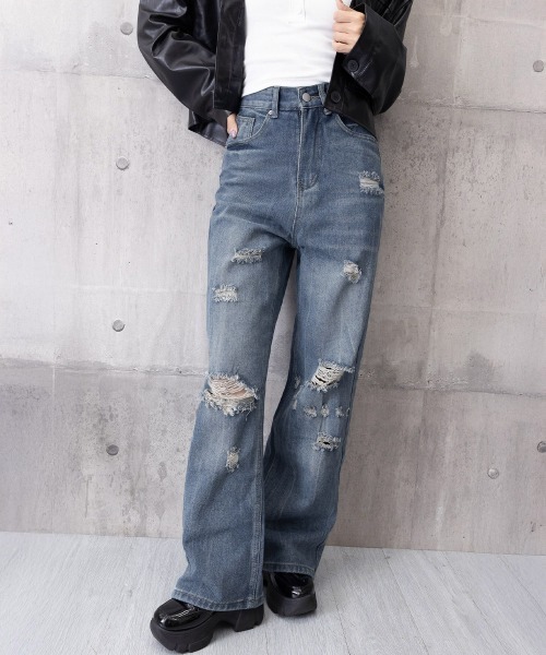 Miniministore(ミニミニストア)の「ダメージデニムパンツ ワイドレッグデニム(デニムパンツ・レディース・ダークブルー・S/XL/L/M)」の17枚目の写真