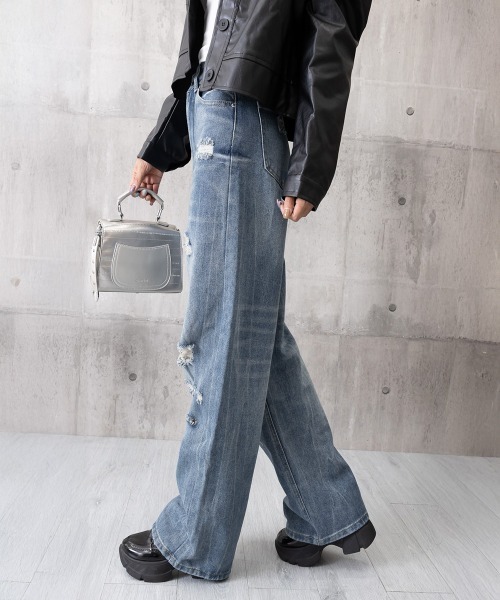 Miniministore(ミニミニストア)の「ダメージデニムパンツ ワイドレッグデニム(デニムパンツ・レディース・ダークブルー・S/XL/L/M)」の18枚目の写真
