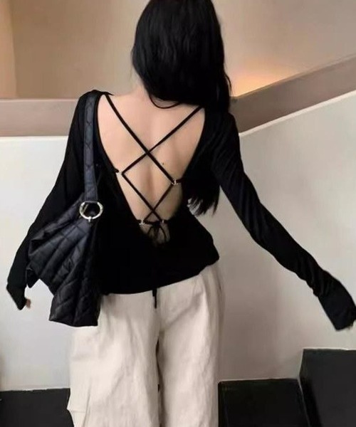 VIBGYOR(ヴィブジョー)の「【EIZZ/アイズ】バックオープンクロス デザイン ロンT(Tシャツ/カットソー・レディース・グレー/ブラック・FREE)」の10枚目の写真