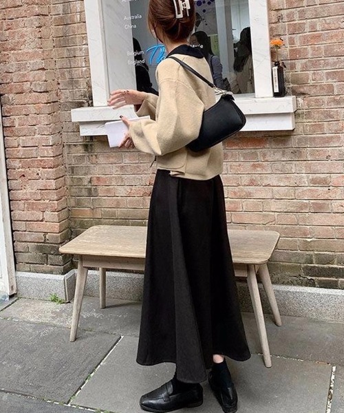 セール】フレアミモレ丈スカート／上品Aラインボトム（ブラック