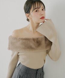ボリュームファーオフショルニット