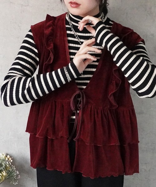 SELECT LEVERY(セレクトリベリー)の「前リボンベロアフリルベスト(ベスト・レディース・ブラウン/ボルドー/ブラック・MEDIUM)」の11枚目の写真