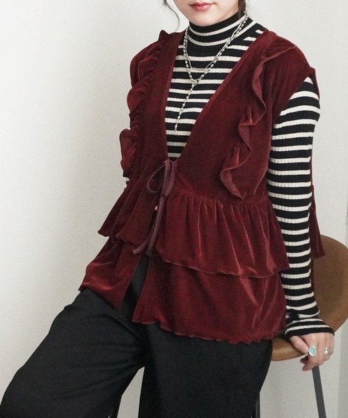SELECT LEVERY(セレクトリベリー)の「前リボンベロアフリルベスト(ベスト・レディース・ブラウン/ボルドー/ブラック・MEDIUM)」の12枚目の写真