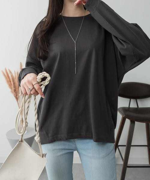 RCD(アールシーディー)の「ゆったりロングスリーブカットソー(Tシャツ/カットソー・レディース・杢グレー/オフホワイト/チャコールグレー/ミント/ブラック・M-L/LL~3L/4L~5L)」の3枚目の写真
