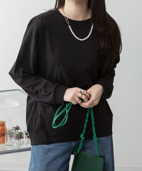 RCD(アールシーディー)の「ゆったりロングスリーブカットソー(Tシャツ/カットソー・レディース・杢グレー/オフホワイト/チャコールグレー/ミント/ブラック・M-L/LL~3L/4L~5L)」の2枚目の写真