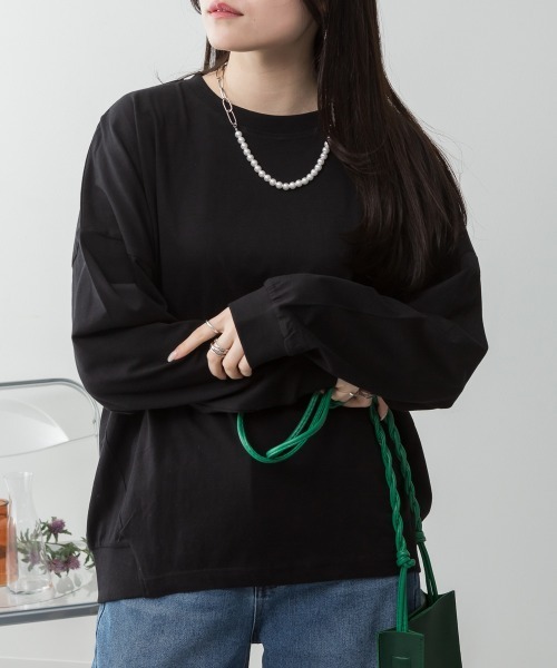 RCD(アールシーディー)の「ゆったりロングスリーブカットソー(Tシャツ/カットソー・レディース・杢グレー/オフホワイト/チャコールグレー/ミント/ブラック・M-L/LL~3L/4L~5L)」の10枚目の写真