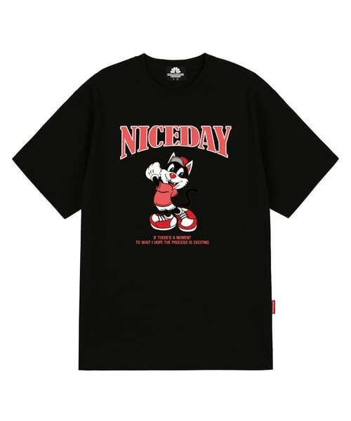 TRIPSHION(トリップション)の「NICEDAY ピンクキャットグラフィックTシャツ - ブラック(Tシャツ/カットソー・メンズ・その他・LARGE/MEDIUM/X-LARGE)」の1枚目の写真