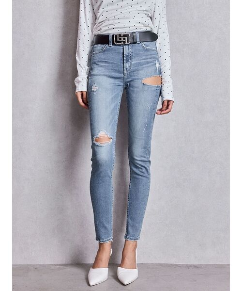 GYDA(ジェイダ)の「ミドルウエストSIDE RIPPEDスキニーデニムパンツ(デニムパンツ・レディース・ブルー/ブラック/ライトブルー/インディゴブルー・SMALL/X-SMALL/MEDIUM)」の1枚目の写真