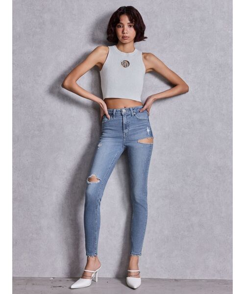 GYDA（ジェイダ）の「ミドルウエストSIDE RIPPEDスキニーデニムパンツ（デニムパンツ・レディース・ブルー/ブラック/ライトブルー/インディゴブルー・SMALL/X-SMALL/MEDIUM）」の5枚目の写真