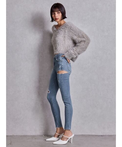 GYDA（ジェイダ）の「ミドルウエストSIDE RIPPEDスキニーデニムパンツ（デニムパンツ・レディース・ブルー/ブラック/ライトブルー/インディゴブルー・SMALL/X-SMALL/MEDIUM）」の11枚目の写真