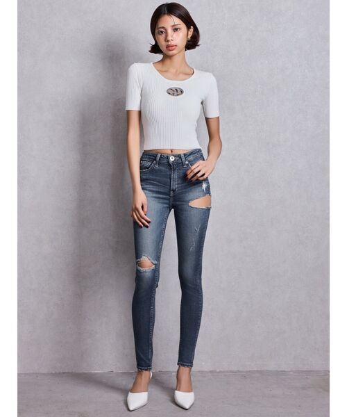 GYDA(ジェイダ)の「ミドルウエストSIDE RIPPEDスキニーデニムパンツ(デニムパンツ・レディース・ブルー/ブラック/ライトブルー/インディゴブルー・SMALL/X-SMALL/MEDIUM)」の5枚目の写真