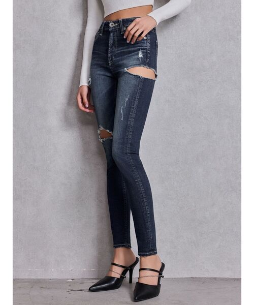 ミドルウエストSIDE RIPPEDスキニーデニムパンツ（デニムパンツ