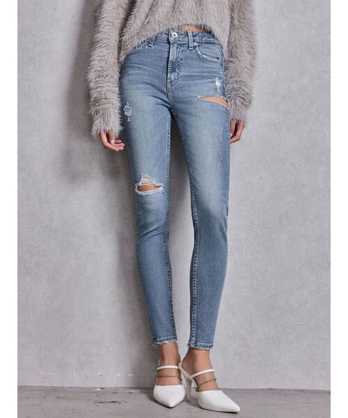 ミドルウエストSIDE RIPPEDスキニーデニムパンツ（デニムパンツ