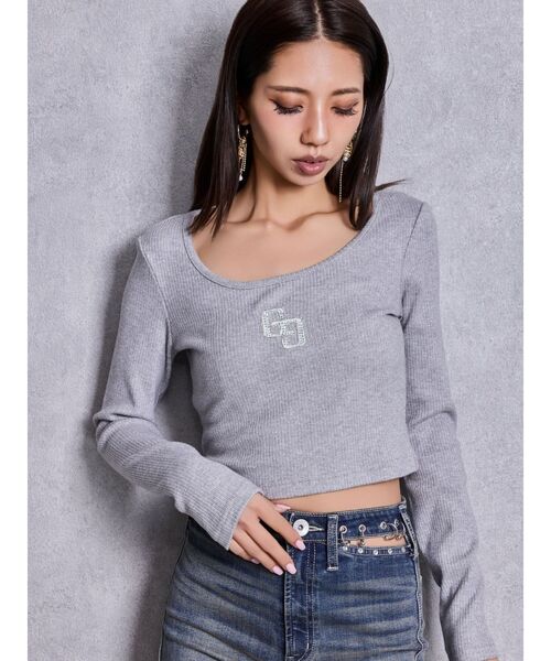 GYDA（ジェイダ）の「GGロゴラインストーンラメテレコハーフスリーブトップス（Tシャツ/カットソー・レディース・ブラック/グレー/オフホワイト・FREE）」の3枚目の写真