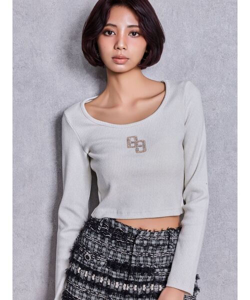 GYDA（ジェイダ）の「GGロゴラインストーンラメテレコハーフスリーブトップス（Tシャツ/カットソー・レディース・ブラック/グレー/オフホワイト・FREE）」の4枚目の写真