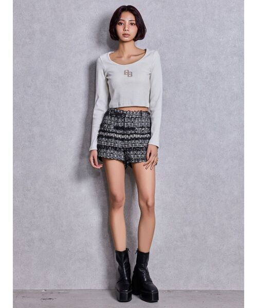 GYDA（ジェイダ）の「GGロゴラインストーンラメテレコハーフスリーブトップス（Tシャツ/カットソー・レディース・ブラック/グレー/オフホワイト・FREE）」の6枚目の写真