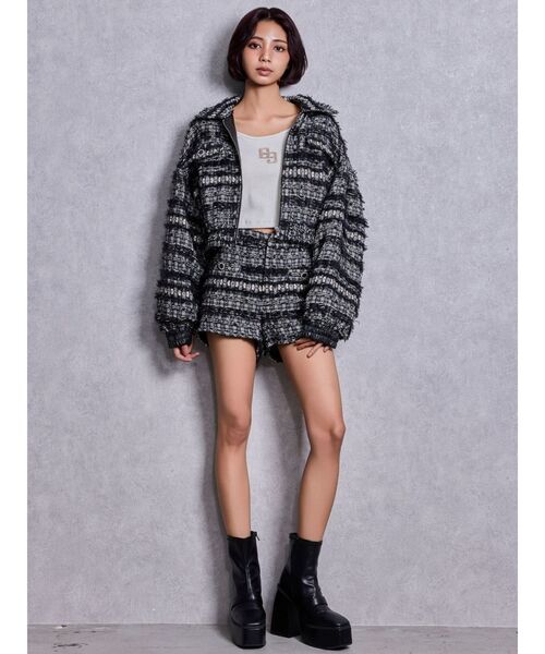 GYDA（ジェイダ）の「GGロゴラインストーンラメテレコハーフスリーブトップス（Tシャツ/カットソー・レディース・ブラック/グレー/オフホワイト・FREE）」の9枚目の写真