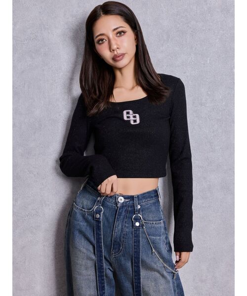 GYDA（ジェイダ）の「GGロゴラインストーンラメテレコハーフスリーブトップス（Tシャツ/カットソー・レディース・ブラック/グレー/オフホワイト・FREE）」の10枚目の写真