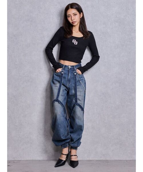 GYDA（ジェイダ）の「GGロゴラインストーンラメテレコハーフスリーブトップス（Tシャツ/カットソー・レディース・ブラック/グレー/オフホワイト・FREE）」の12枚目の写真