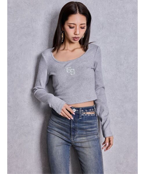 GYDA（ジェイダ）の「GGロゴラインストーンラメテレコハーフスリーブトップス（Tシャツ/カットソー・レディース・ブラック/グレー/オフホワイト・FREE）」の15枚目の写真