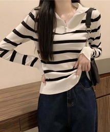 ハーフジップ配色ボーダー柄長袖ニット ストライプニット