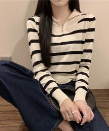 ハーフジップ配色ボーダー柄長袖ニット ストライプニット
