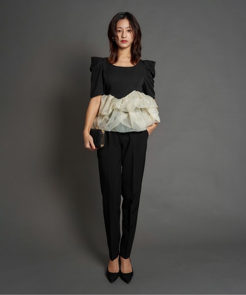My shawty(マイシャウティー)の「pearl peplum set up(パンツドレス・レディース・ベージュ/ブラック×ホワイト・MEDIUM/SMALL)」の1枚目の写真