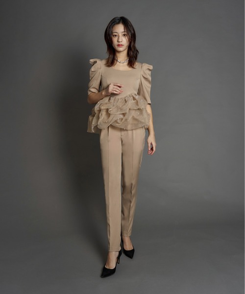 My shawty(マイシャウティー)の「pearl peplum set up(パンツドレス・レディース・ベージュ/ブラック×ホワイト・MEDIUM/SMALL)」の3枚目の写真