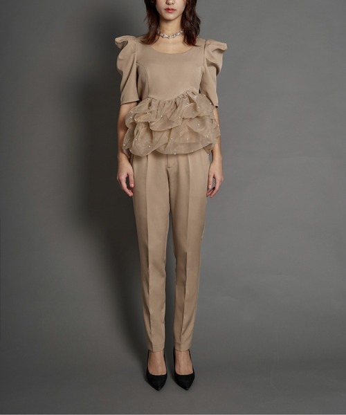 My shawty(マイシャウティー)の「pearl peplum set up(パンツドレス・レディース・ベージュ/ブラック×ホワイト・MEDIUM/SMALL)」の6枚目の写真